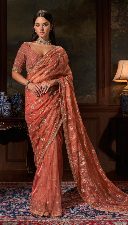 Coral Organza Saree