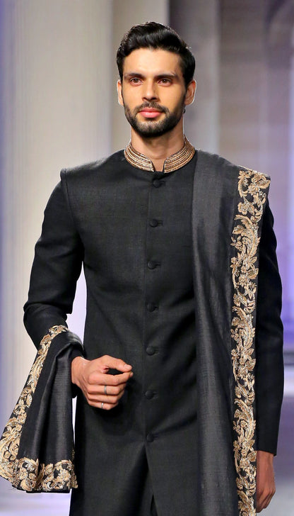 Black Matka Silk Sherwani