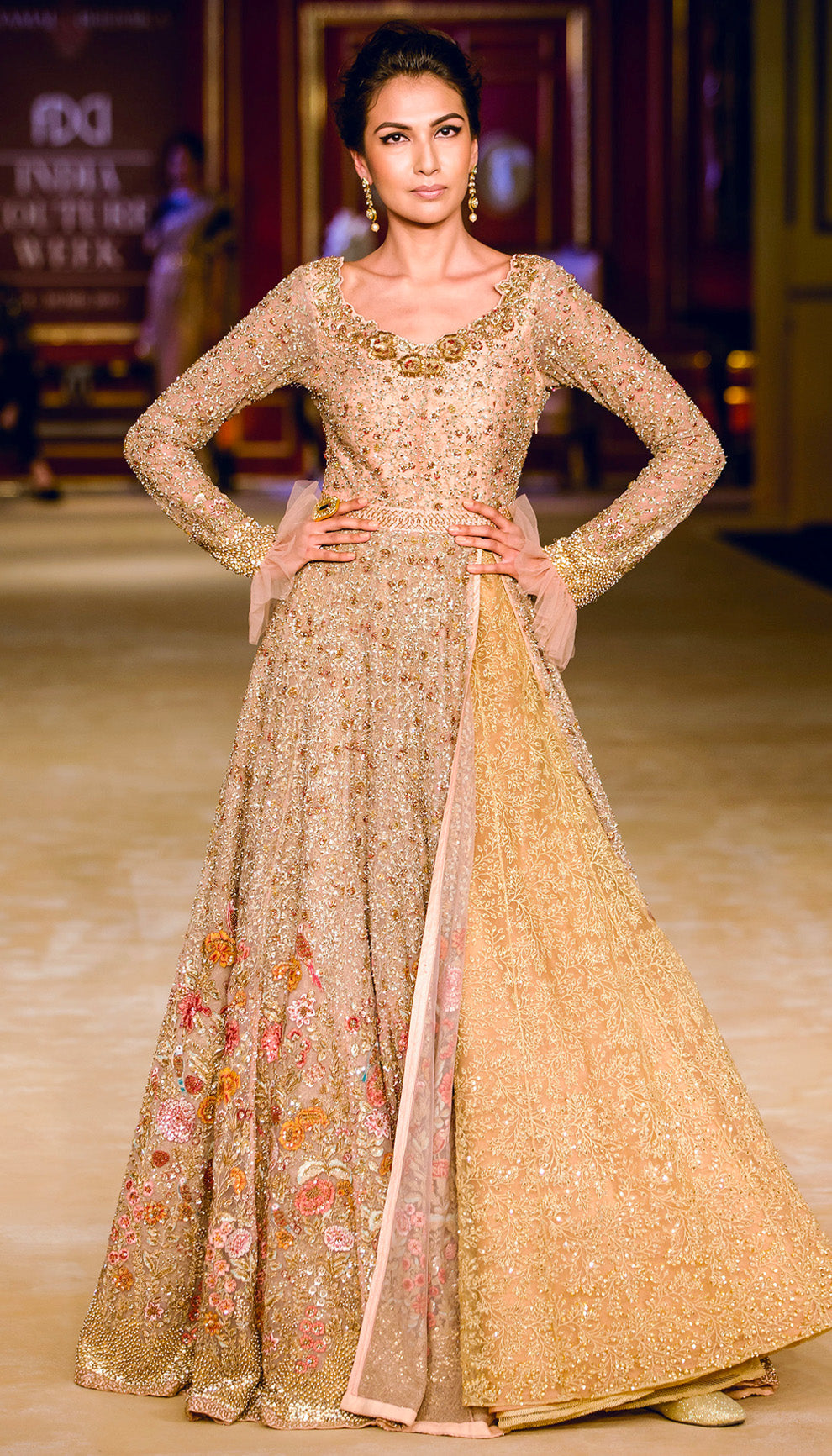 The Champagne Gold Tulle Floral Lehenga