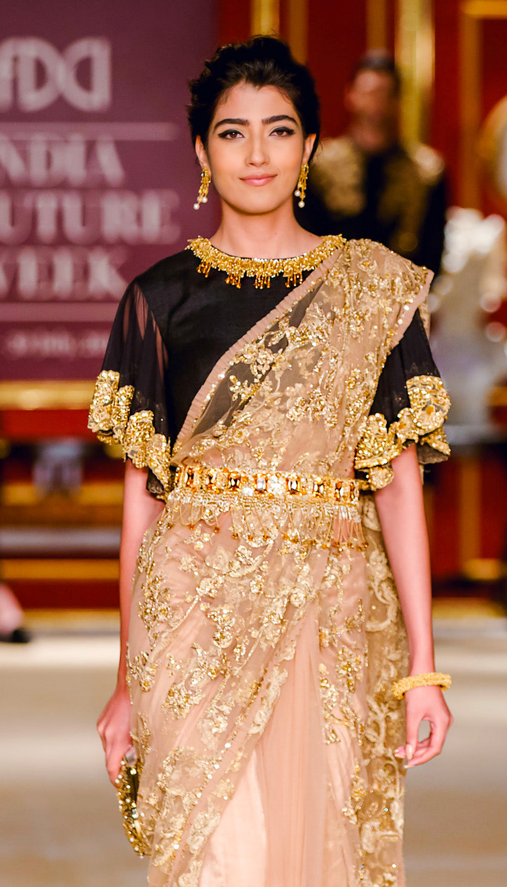 The Champagne Gold Tulle Embroidered Saree