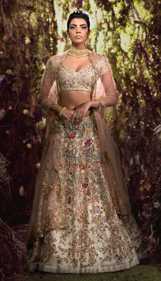 Ivory Raw Silk Lehenga with Contrasting Appliqué Flowers