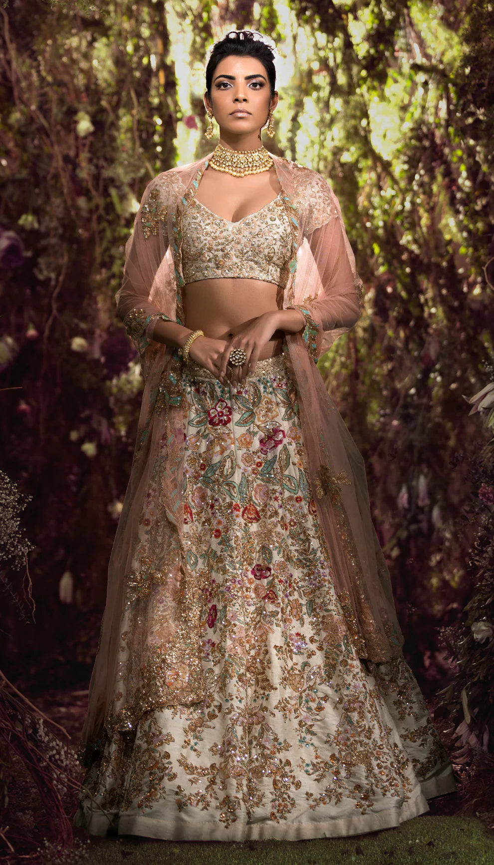 Ivory Raw Silk Lehenga with Contrasting Appliqué Flowers