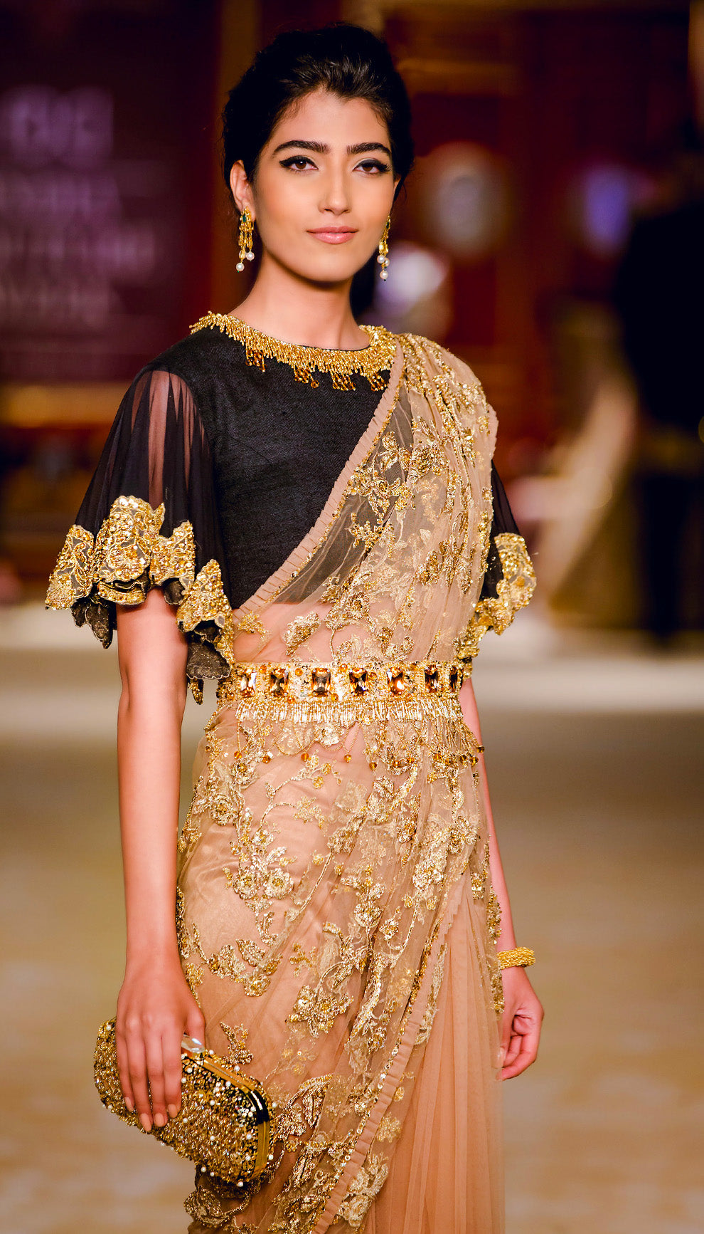 The Champagne Gold Tulle Embroidered Saree
