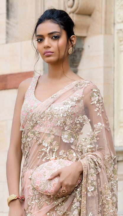 Dusty Coral Tulle Saree