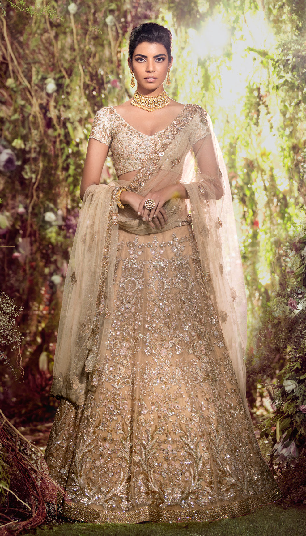 Classic Champagne Lehenga with Floral Embroidery