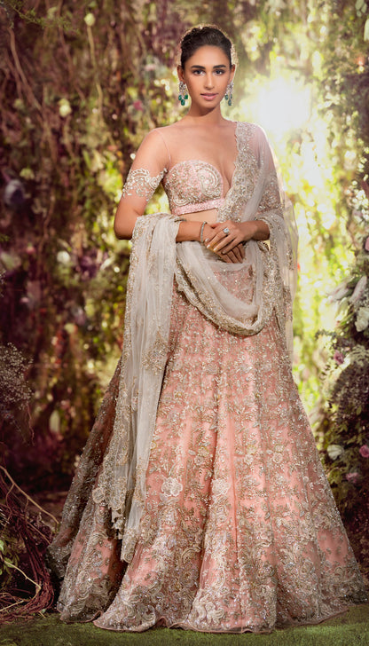 Rose Bouquet Pink Lehenga with Zardozi Embroidery