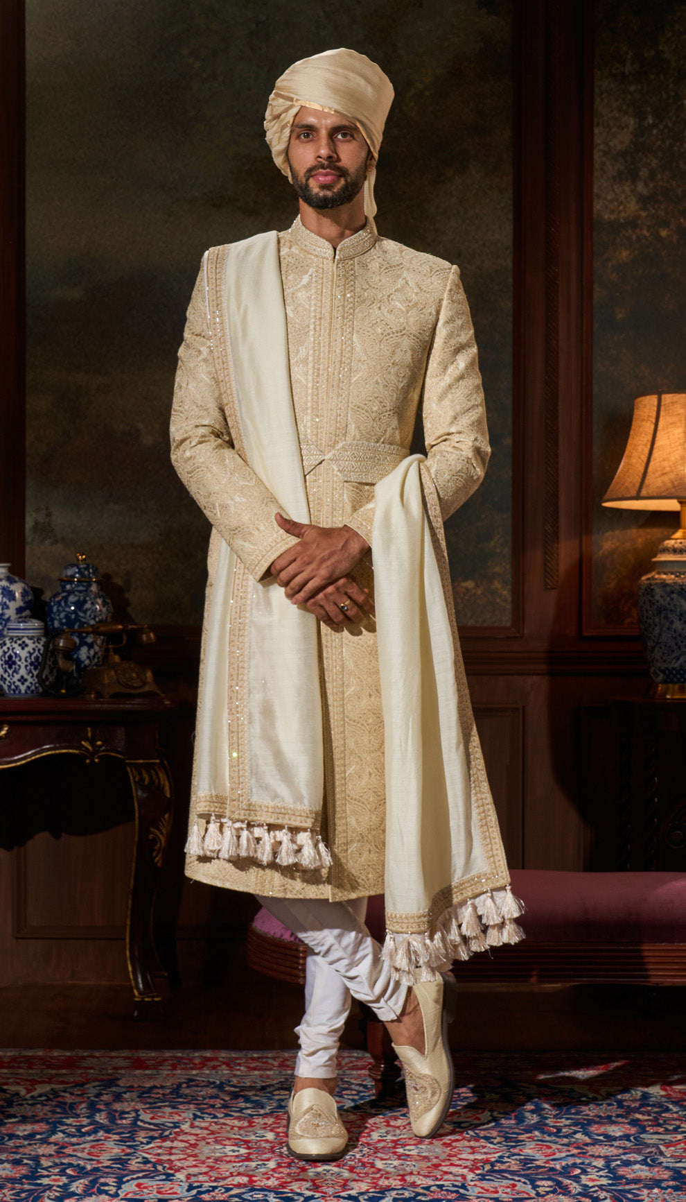 Vintage Ivory Raw Silk Sherwani