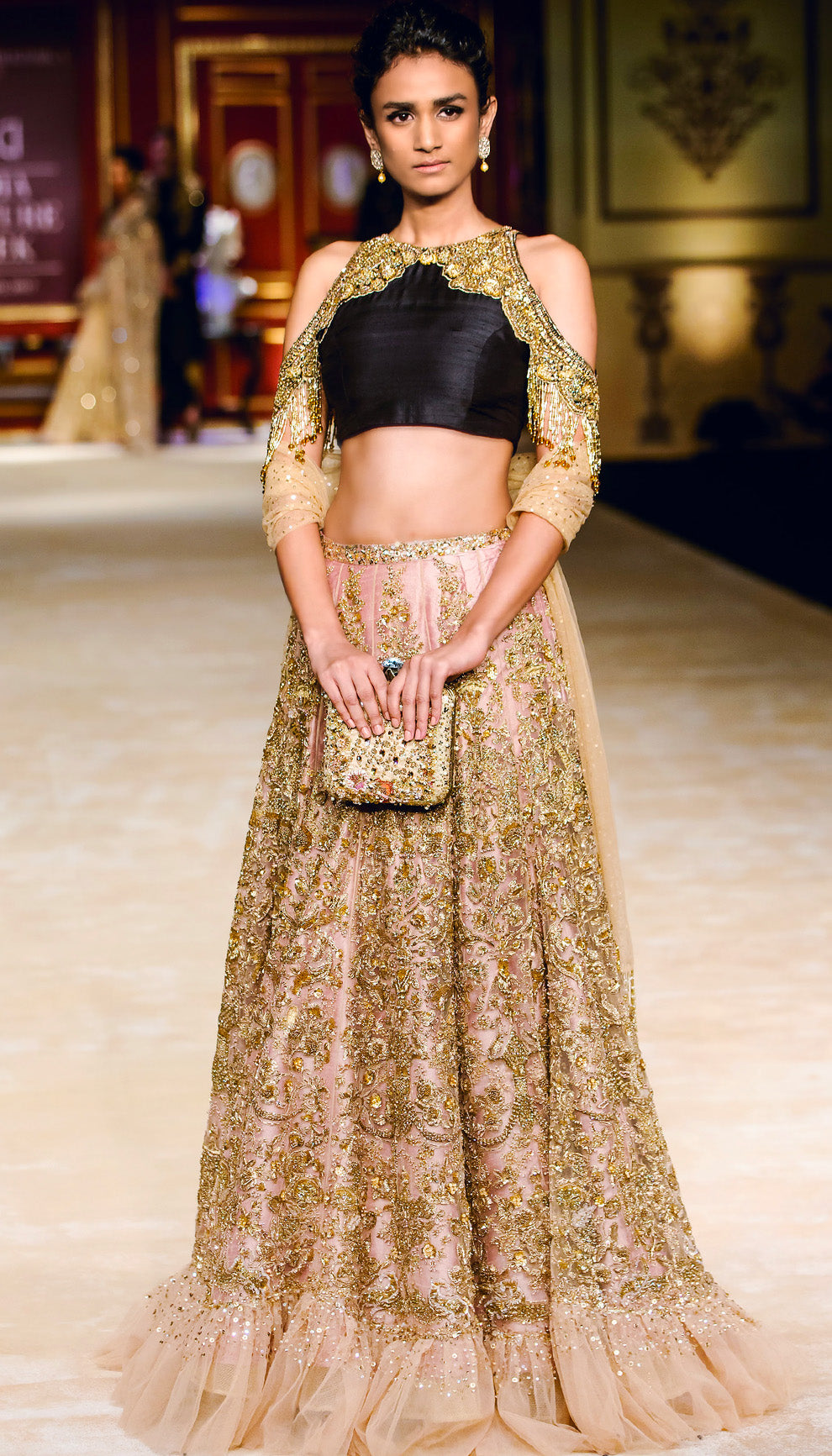 The Champagne Gold Floral Tulle Lehenga