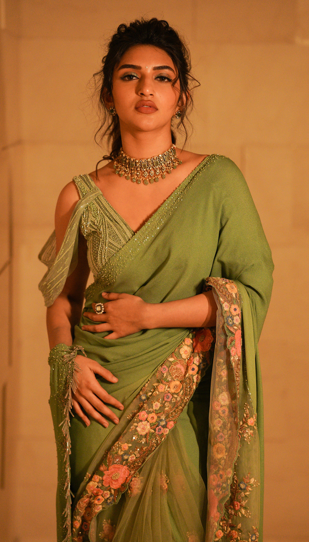 Sreeleela in floral hem saree by shyamal & bhumika