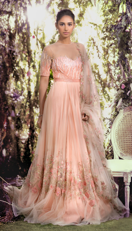 A Blush Pink Bias Tulle Gown