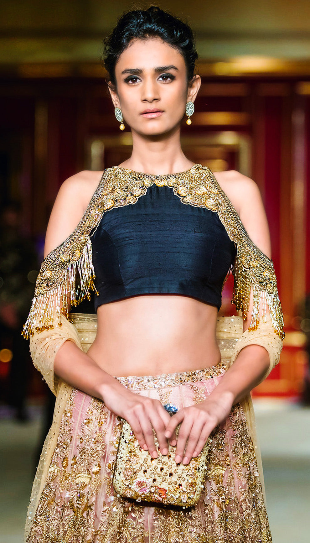 The Champagne Gold Floral Tulle Lehenga