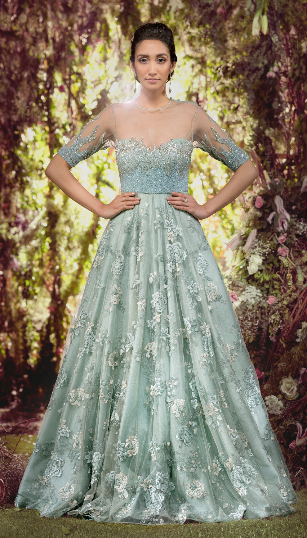 Sky Blue Floral Tulle Gown