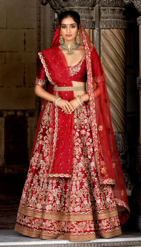 17th Century-Inspired Maroon Lehenga with Mogul Butta Embroidery