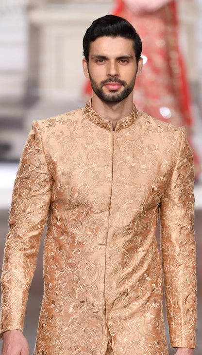 Vintage Beige Raw Silk Sherwani with Floral Thread Embroidery