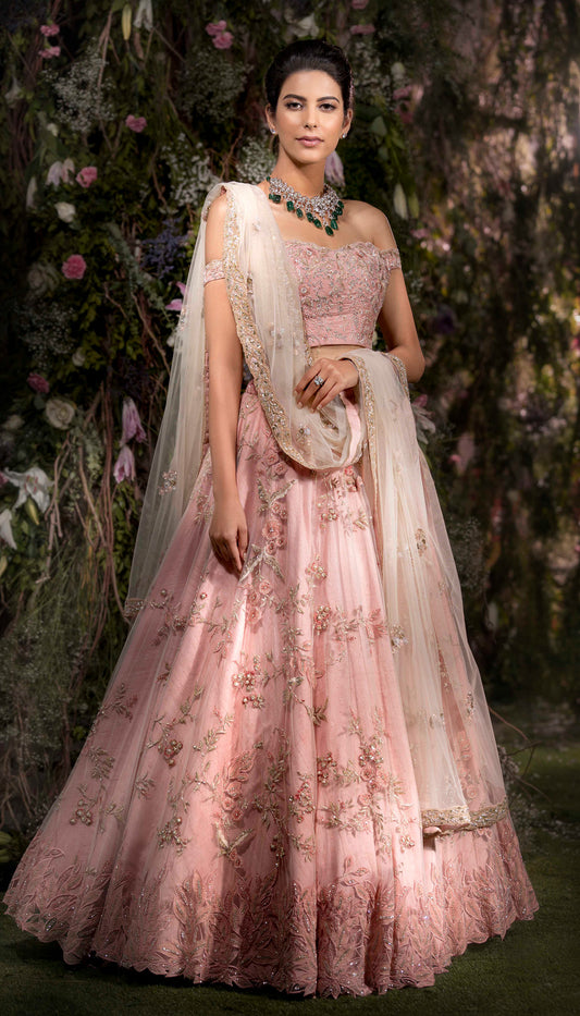 Pale Pink Tulle Lehenga with Floral Appliqué