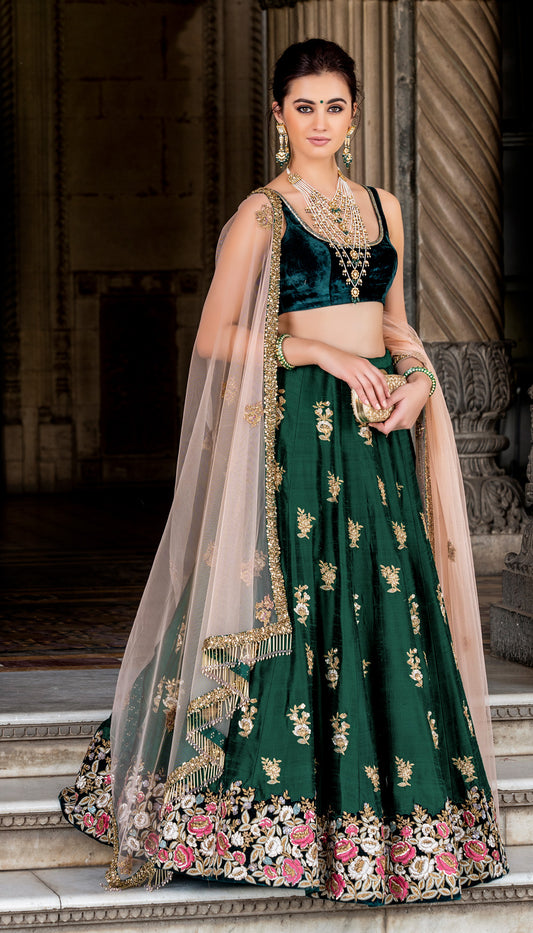 Emerald Raw Silk Lehenga with Vintage Rose Embroidery & Velvet Blouse