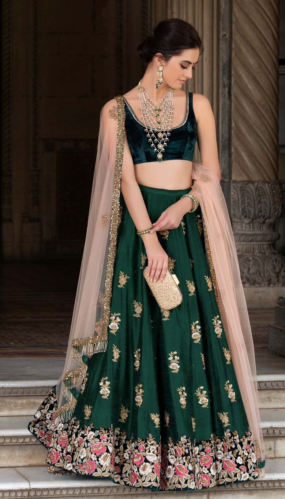 Emerald Raw Silk Lehenga with Vintage Rose Embroidery & Velvet Blouse