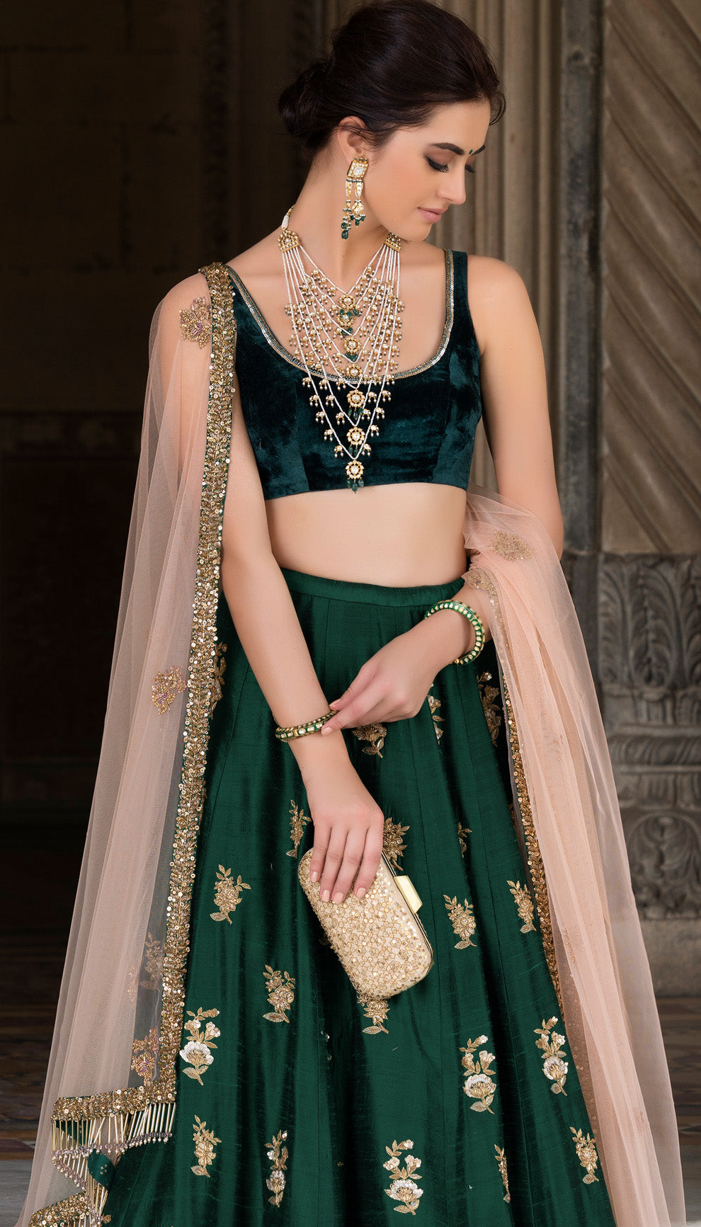 Emerald Raw Silk Lehenga with Vintage Rose Embroidery & Velvet Blouse