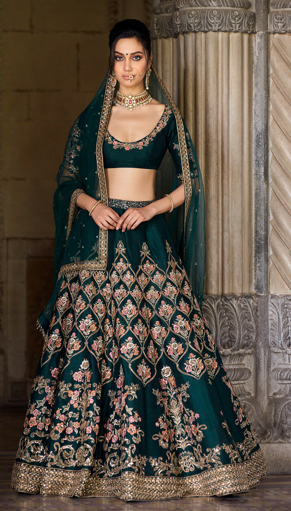 Mogul Flower Embroidered Lehenga with Antique Zardosi & Sevanti Cholee