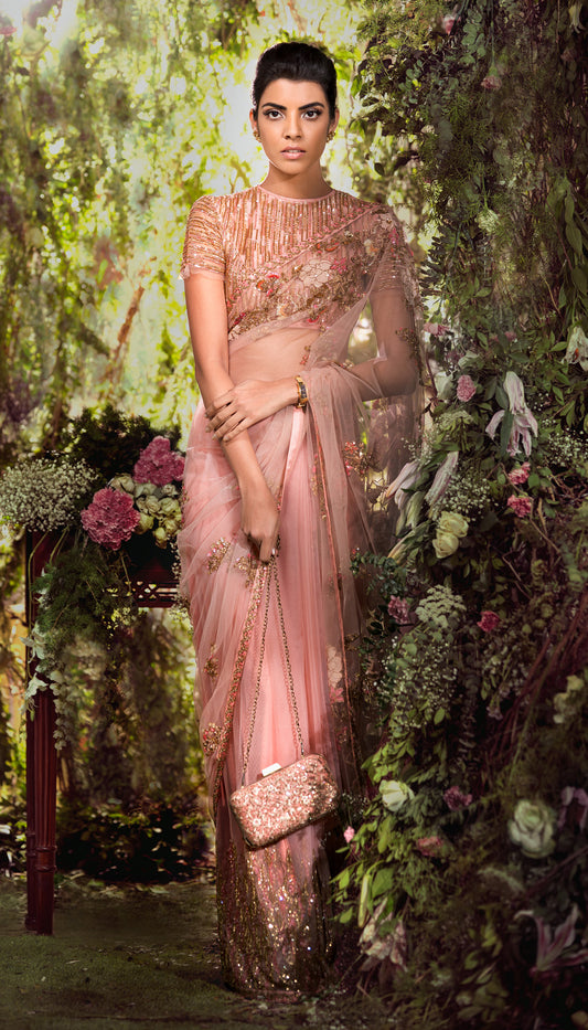 Embroidered Pink Tulle Sari with Sequined Blouse