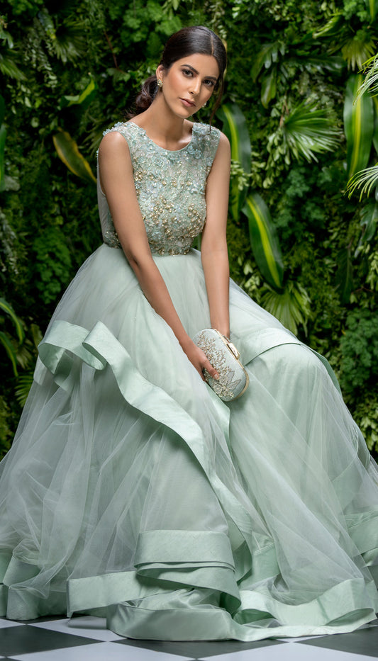 Misty Blue Tulle Gown with Cascading Ruffles