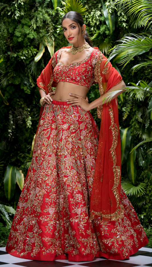 Elegant Crimson Red Lehenga with Floral Embroidery