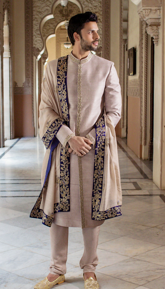 Dusty Grey Raw Silk Sherwani with Rose Gold Zardosi & Tassar Silk Shawl