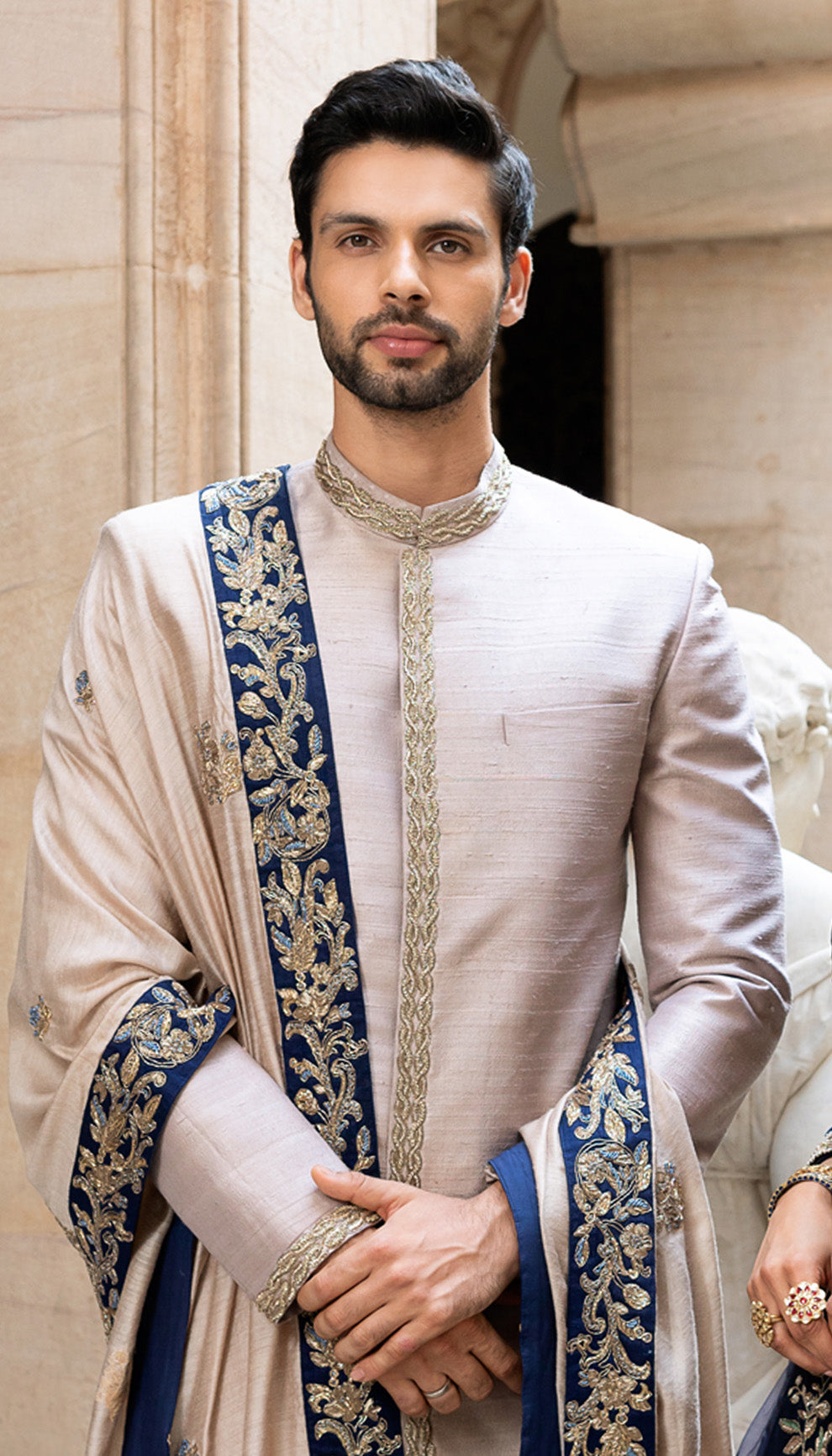 Dusty Grey Raw Silk Sherwani with Rose Gold Zardosi & Tassar Silk Shawl