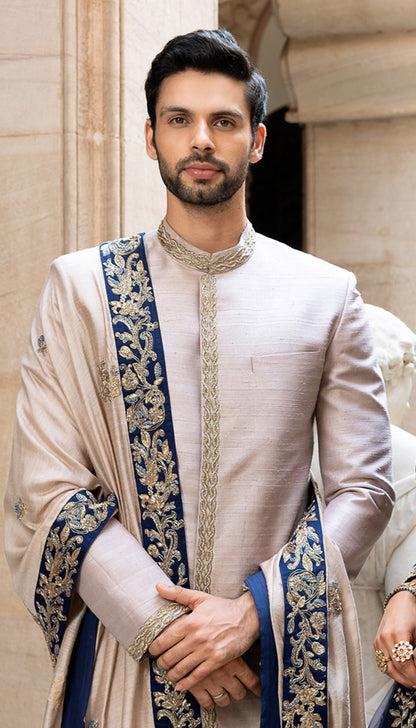 Dusty Grey Raw Silk Sherwani with Rose Gold Zardosi & Tassar Silk Shawl