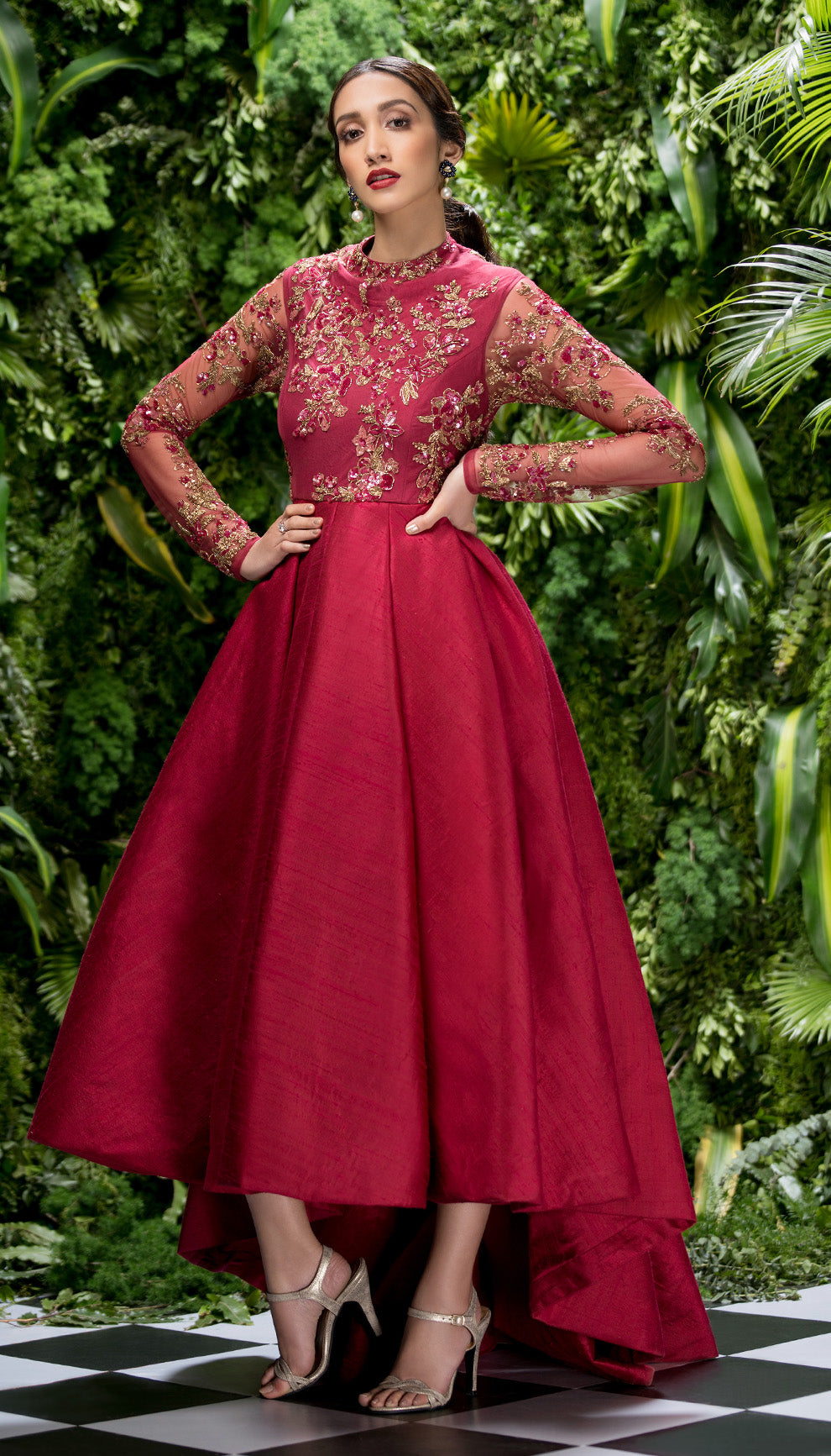 Raspberry Raw Silk Asymmetrical Gown Shyamal Bhumika