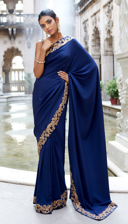 Deep Royal Blue Crepe Sari with Antique Gold Peeta Border