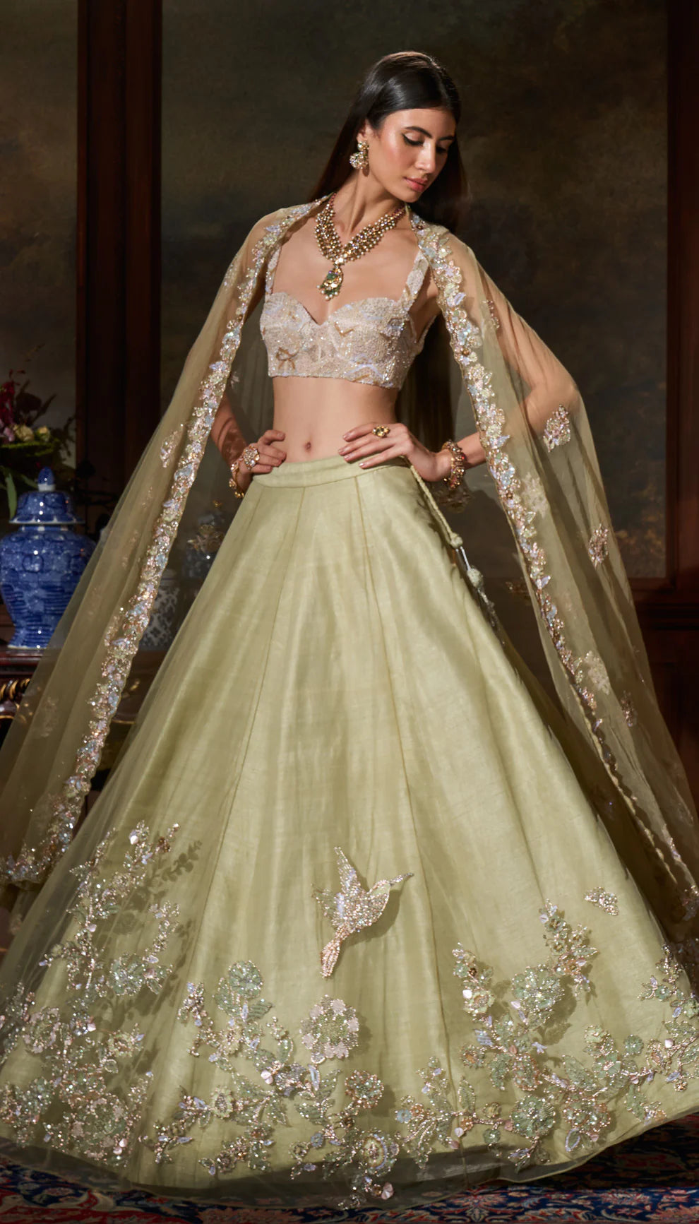The Fennel Green Embroidered Tulle Lehenga - Shyamal & Bhumika The Fennel Green Embroidered Tulle Lehenga - Shyamal & Bhumika