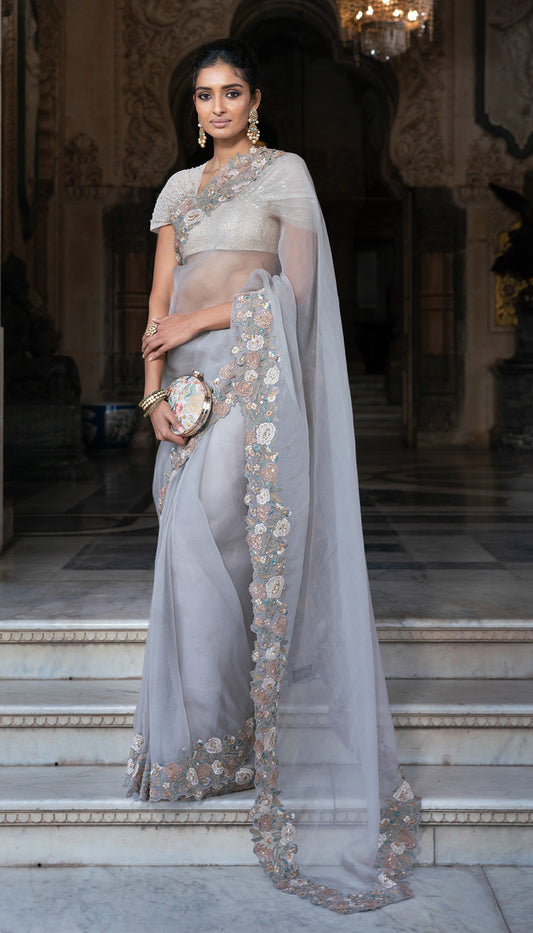 Dusty Grey Organza Saree