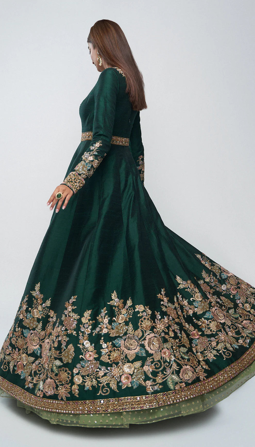 High- neck, forest green, raw silk jacket, floral embroidery, tulle net lehenga, high- neck jacket, weddings, soirees, evening celebrations