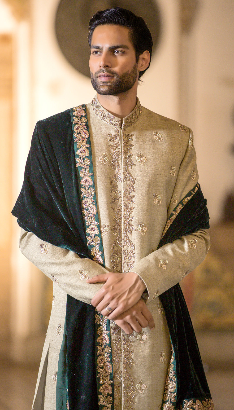 Matka Silk Sherwani with Peeta Embroidered Phool Bootis & Velvet Khes