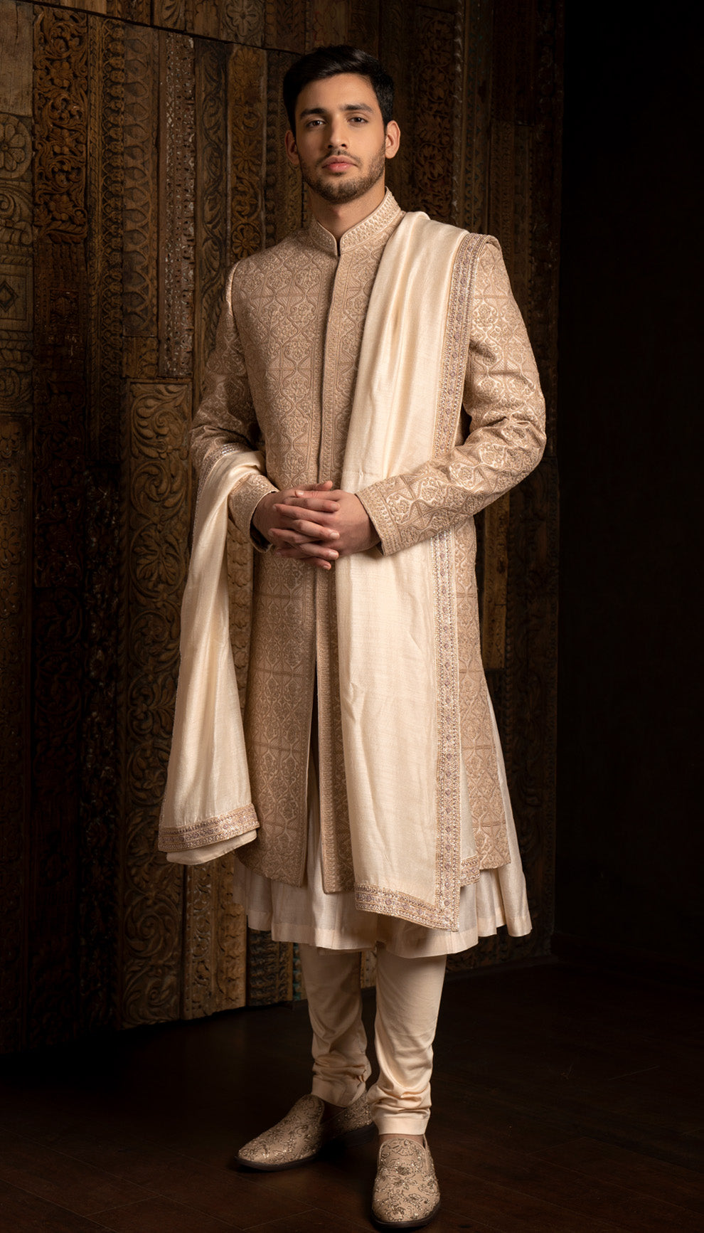 The Almond Beige Embroidered Sherwani