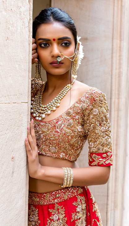 Zameen Tara Lehenga: Sindoor Red with Badla Taar Zardosi & Vintage Rose Bouquets