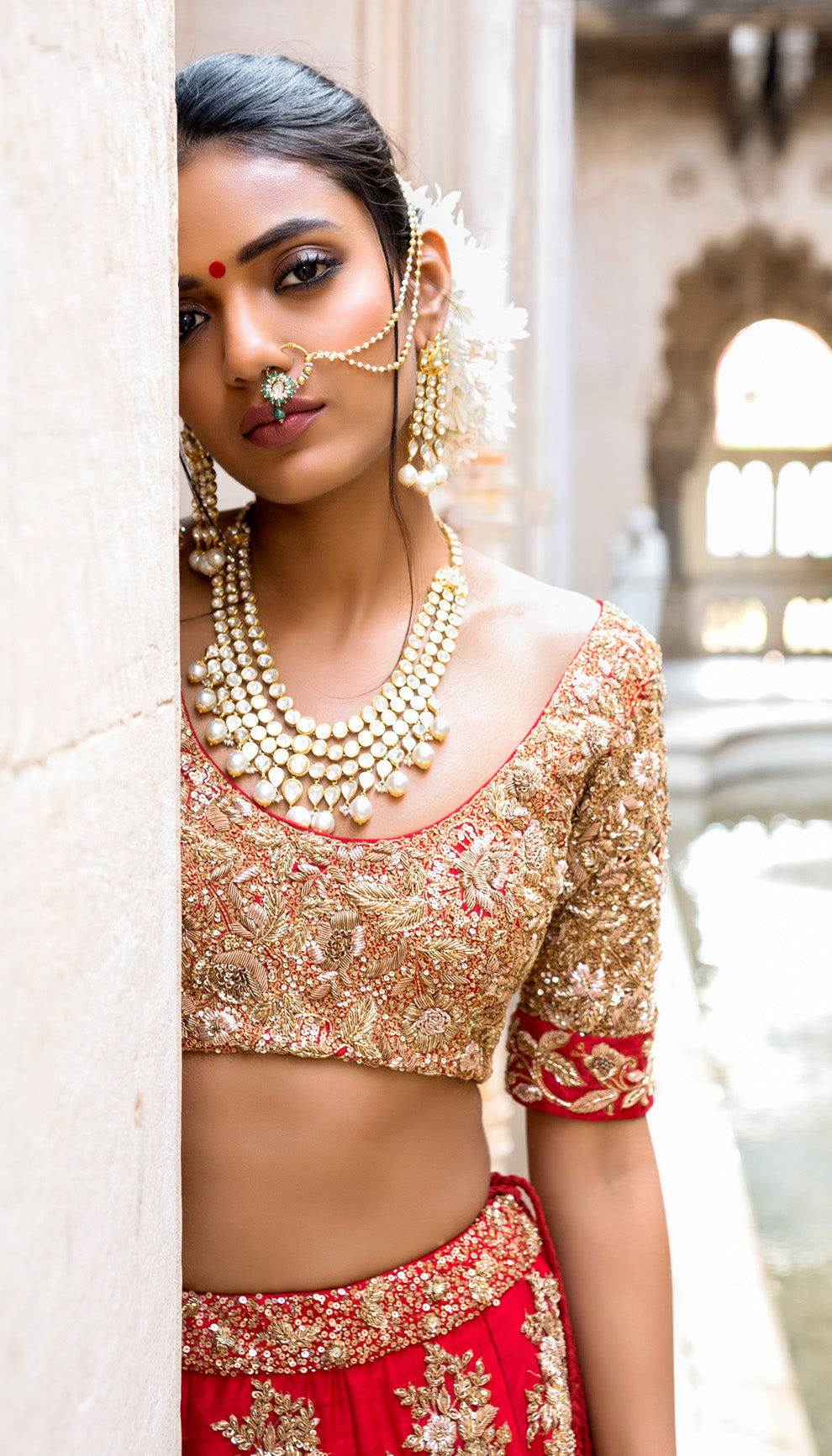 Zameen Tara Lehenga: Sindoor Red with Badla Taar Zardosi & Vintage Rose Bouquets