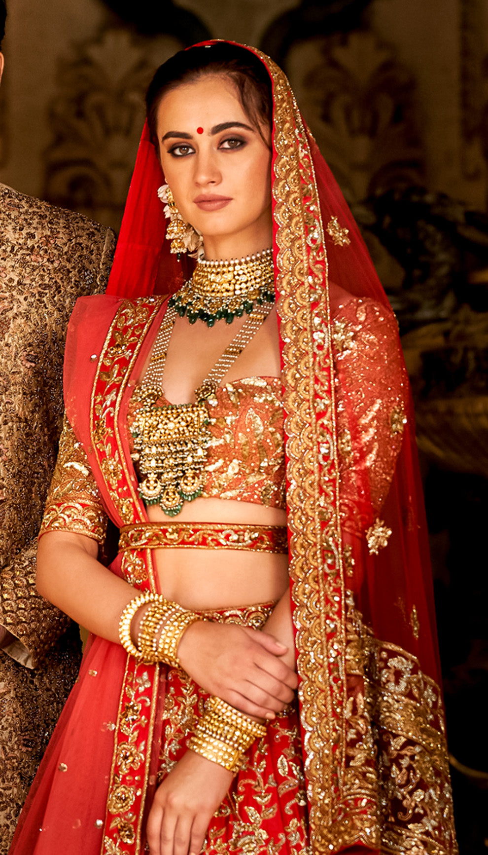 Sindoor Red Lehenga with Wild Roses and Floral Hem, Paired with Naaz Blouse and Blush Pink Tulle Headveil