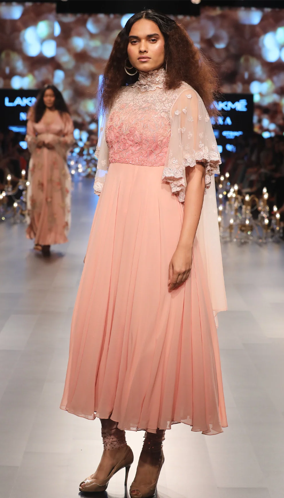 Pink Silk Georgette Kalidar with Bell Sleeves Dress