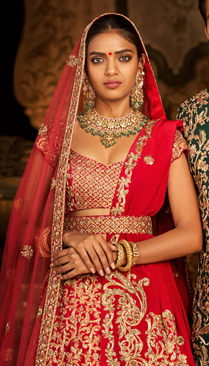 Classic Red Raw Silk Lehenga with Aari & Zardosi Inspired by 18th Century Pillar Carvings