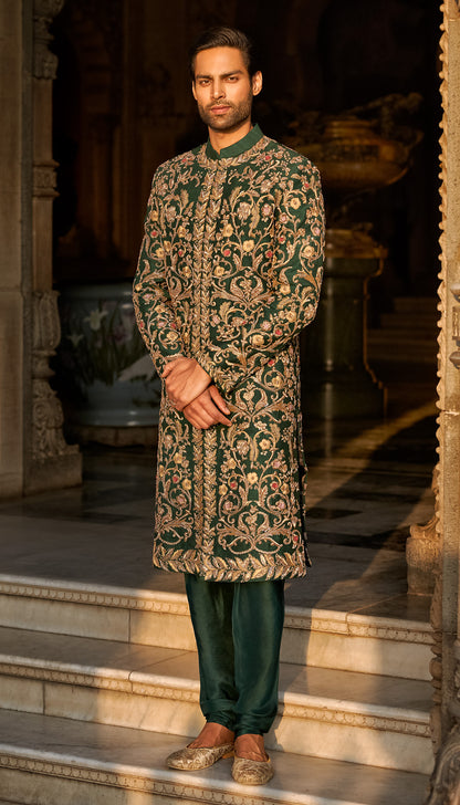 Regal Emerald Green Raw Silk Sherwani with Gilded Zardosi Embroidery