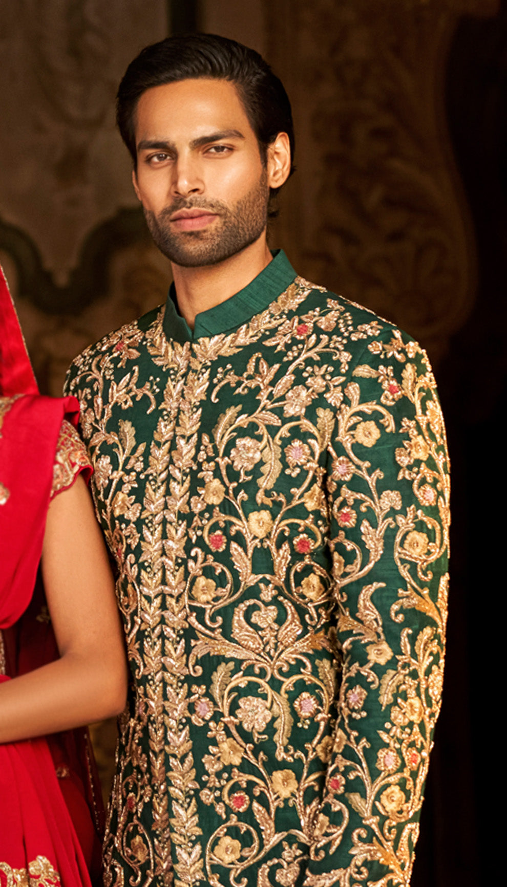 Regal Emerald Green Raw Silk Sherwani with Gilded Zardosi Embroidery