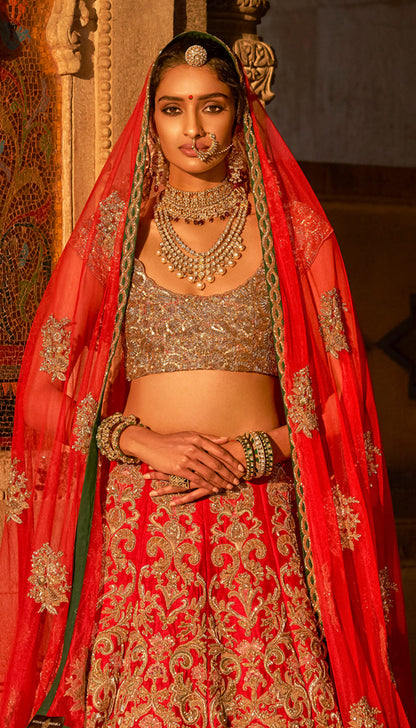 Classic Red Raw Silk Lehenga with Fine Aari, Zardosi, Zari Floss, and Tonal Resham Embroidery