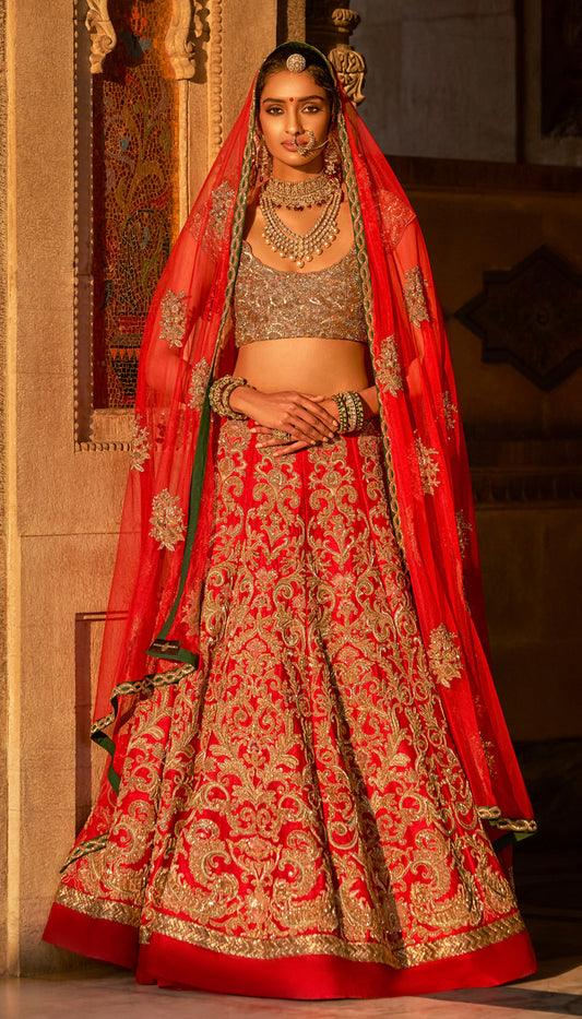 Classic Red Raw Silk Lehenga with Fine Aari, Zardosi, Zari Floss, and Tonal Resham Embroidery