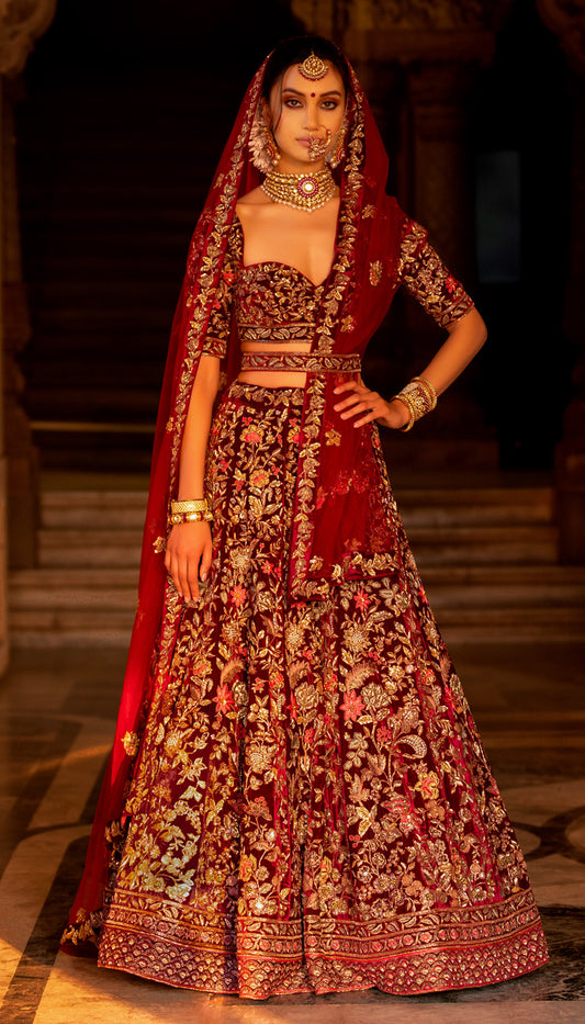 Wild Foliage Lehenga with Vintage Green, Pink & Ivory Embroidery in Antique Zardosi Jaal