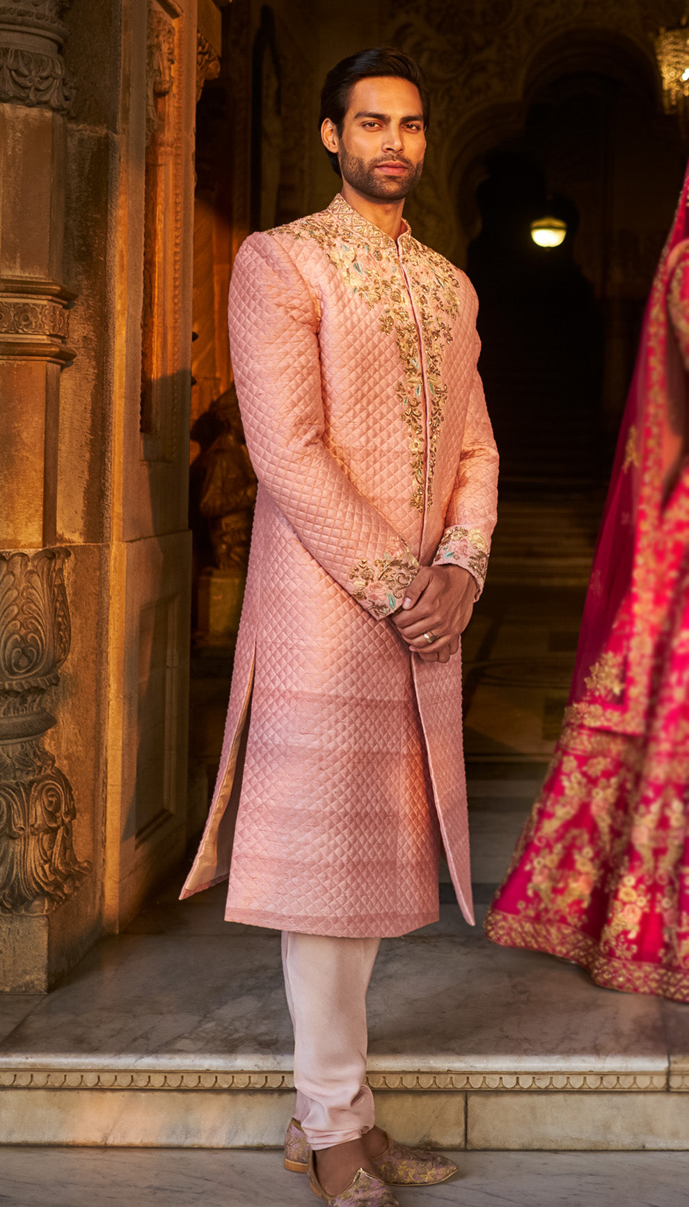 Classic Quilted Raw Silk Sherwani with Baroque Placement Embroidery