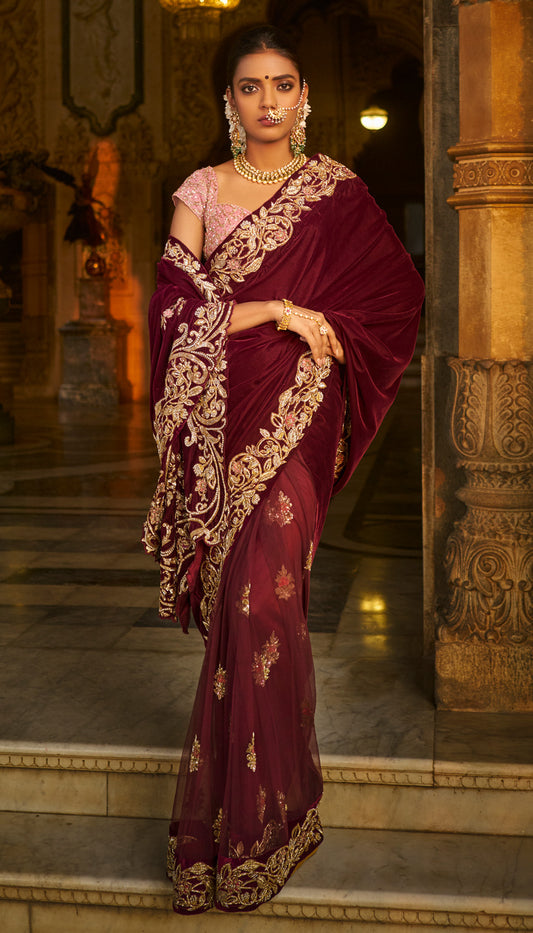 Rich Wine Velvet Sari with Zardosi Bel Kinaar and Elaborate Pallu Embroidery