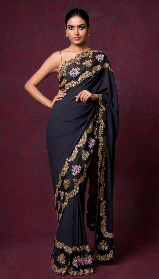 A Classic Black Silk Georgette Saree