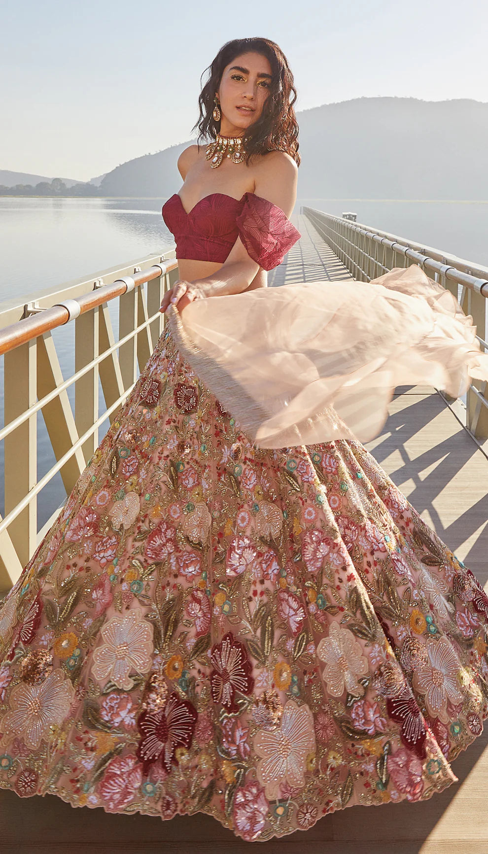 Pale Pink Floral Tulle Lehenga